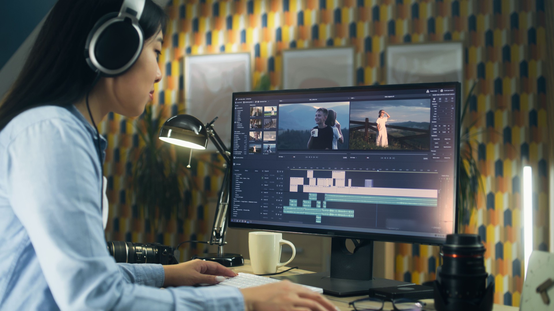 Femme éditant des vidéos dans un logiciel professionnel